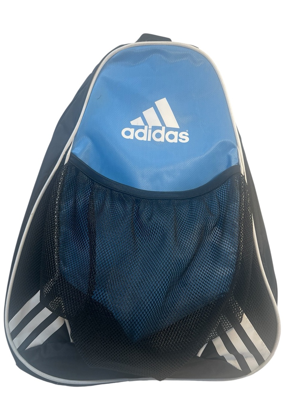 Rare adidas Baby Blue and Black Slingback Spring Load Backpack with Mesh Front.